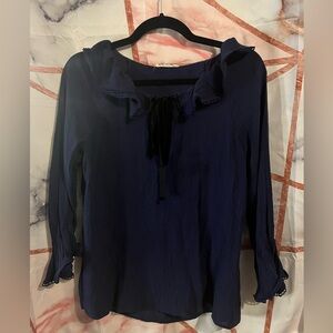 Navy Blue 3/4 Sleeve Ruffled Blouse with Sailor Collar